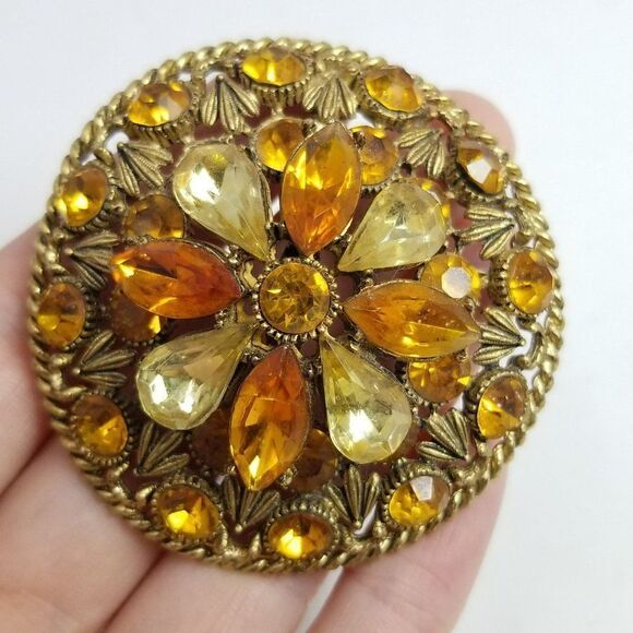 Vintage Large Orange and Yellow Rhinestone Brooch / Pendant, 60s Retro Style - Picture 5 of 6